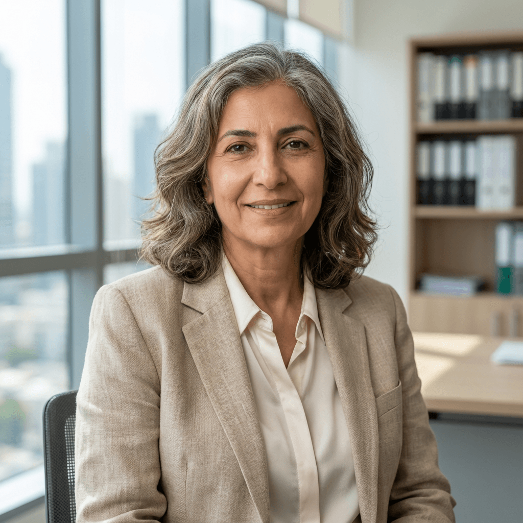 Mujer profesional sonriente con cabello gris ondulado y chaqueta beige en una oficina con ventanal.