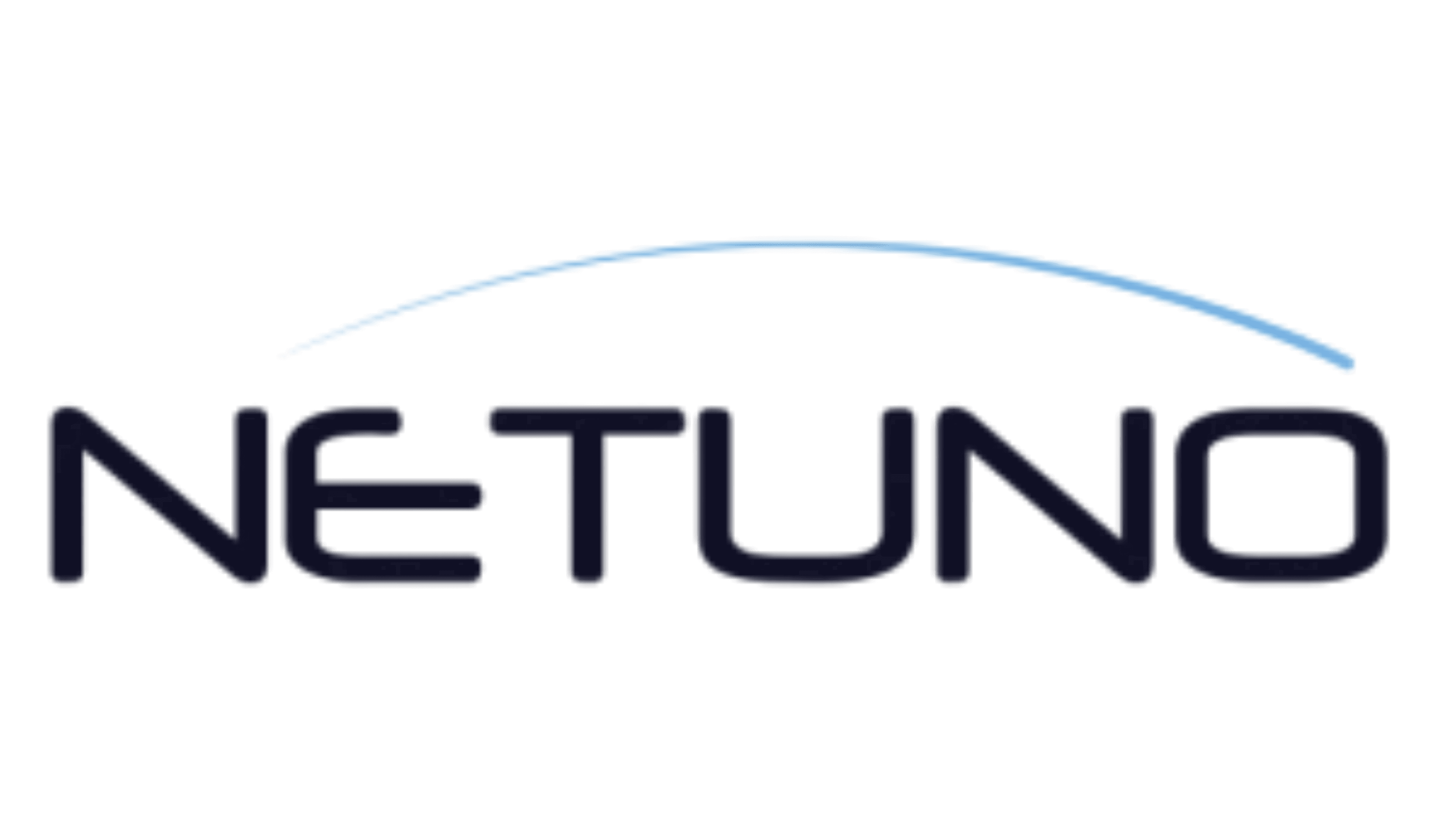 Logotipo de Netuno con letras azul oscuro y una fina lÃnea curva azul claro arriba.